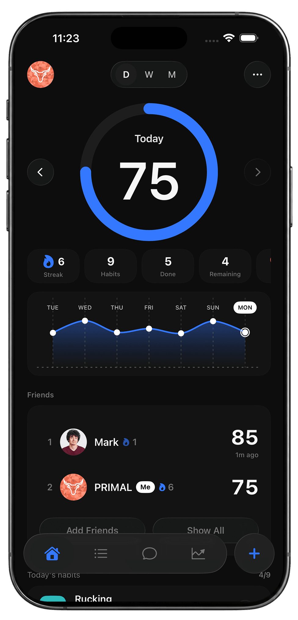 PRIMAL app in blue theme on iPhone