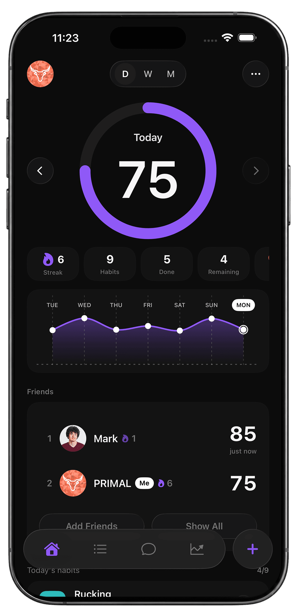 PRIMAL app in purple theme on iPhone